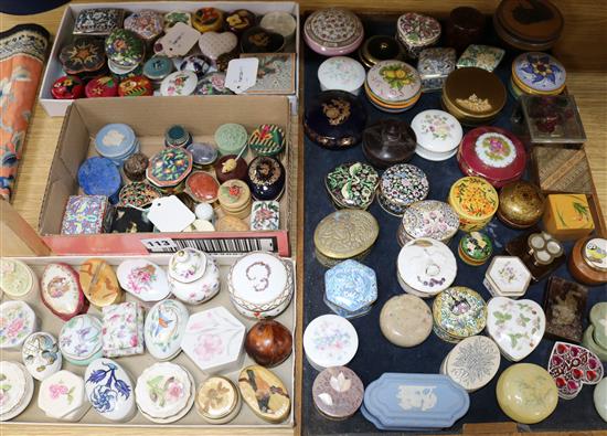 A collection of ceramic and other trinket boxes, including Wedgwood, Limoges, treen, soapstone, papier mache etc.